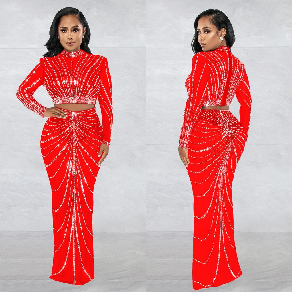 C6028 European & American Fashion Mesh Hot Drill See-through Long Sleeve Dress Two-piece Set for Women