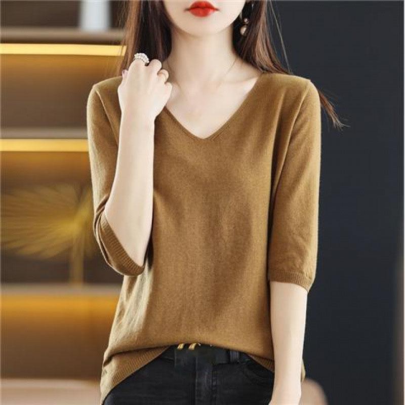 Spring Autumn V-neck Pullover Sweater Women's Mid-sleeve Undershirt Loose Five-sleeve Knitted Short-sleeved Women's Inner Top