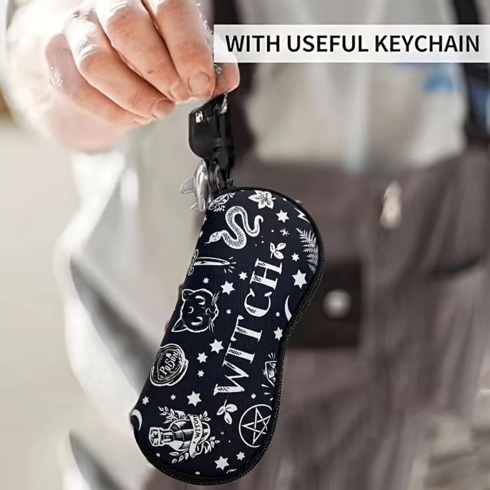 1pc Witch Gothic Print Glasses Pouch Portable Zipper Sunglasses Pouch With Carabiner Hook Anti‑Scratch Eyeglasses Protective Bag For Halloween Gift