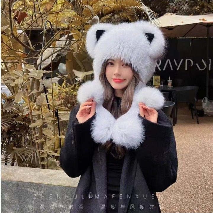 Chapeau d'oreille élégant et mignon en peluche imitation, grandes oreilles de renard, protection d'oreille, écharpe intégrée, chapeau chaud épais pour l'automne et l'hiver
