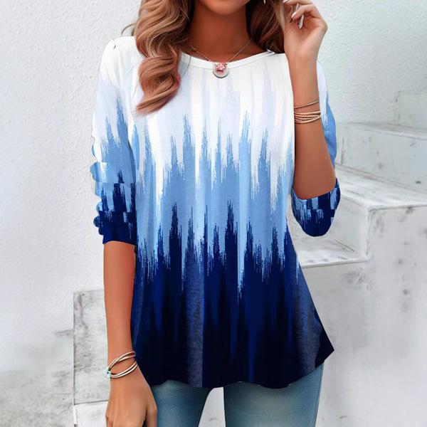 Round Neck 3D Flower Geometry Pattern Printed Top Fashionable Casual Long Sleeved Women's T-shirts