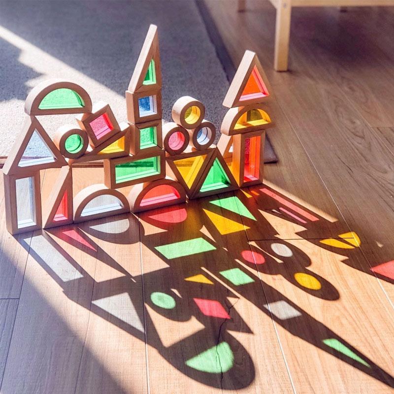 Montessori Transparent Shape Blocks Wooden Toys Rainbow Acrylic Color Cognitive Sensory Building Game Educational Toys for Kids