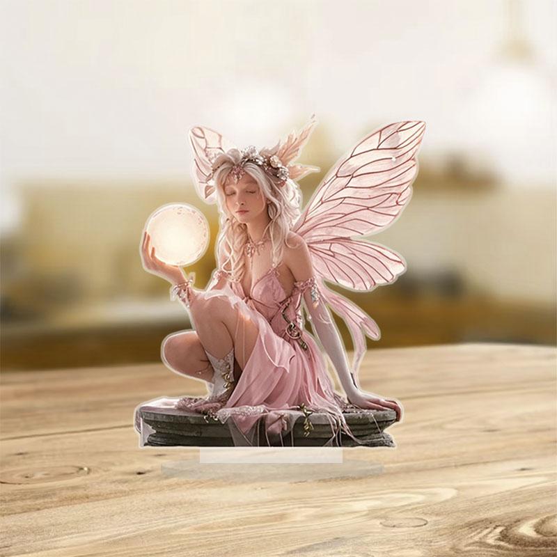 Pink Fairy Angel Holding  Moon 2D 8in Dreamy Acrylic Home Desktop Decor Artistic Design Color Printing Delicacy Girl Party Gift