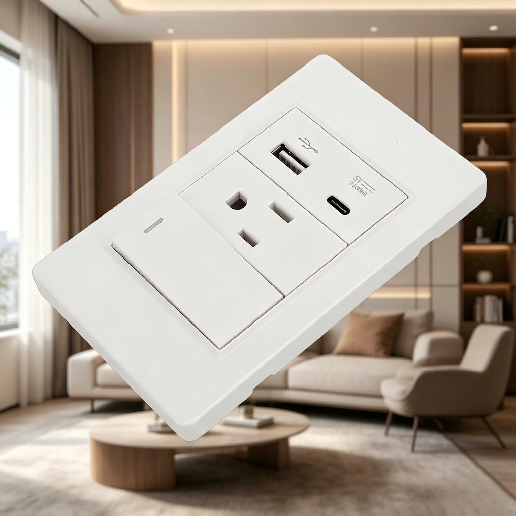 2PCS Electrical Wall Receptacle Outlet 15A 3 Hole Wall Outlet USB 2.1A 5V 10W White Home PC 1 Gang Single Control AC Outlet