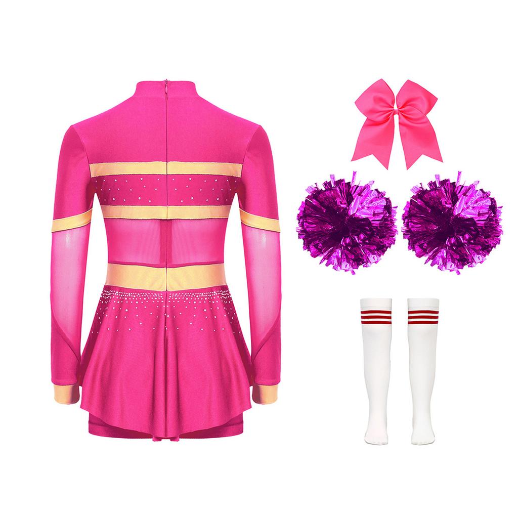 Girls Cheer Leader Costume Long Sleeve Diamonds Dance Jumpsuit Cheerleading Hand Flower Bowknot Hair Ties
