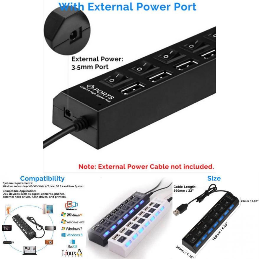 Port 7 Usb Hub 20 Power Adapter Cable Splitter With Power Onoff Switch High Speed Usb Micro Hub