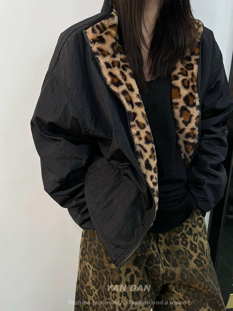 Men's Trendy Vintage Leopard Print Reversible Cotton Jacket with Thickened Anti-Rabbit Fur - American Retro Winter Coat