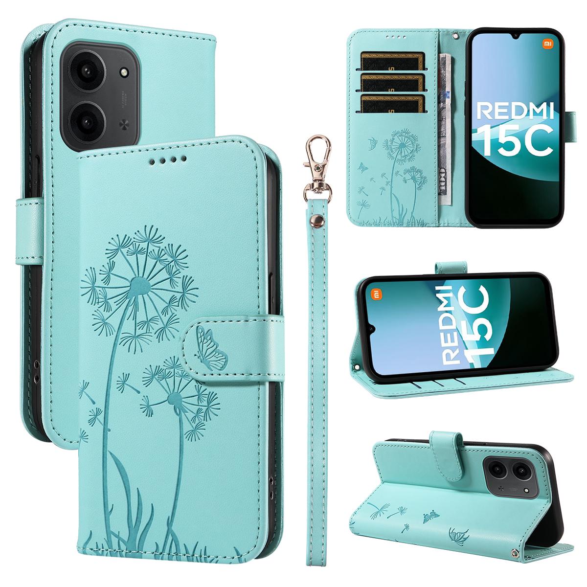 

Для Xiaomi Redmi 15C 4G (173мм) Кожаный чехол-кошелек с ремешком, тиснение «Одуванчик», подставка для телефона Green