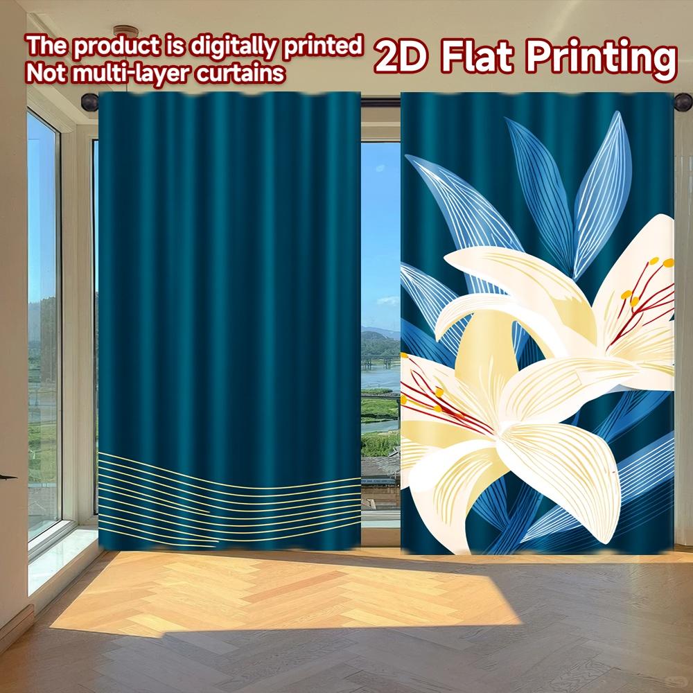 

2D FLAT PRINTING 2pcs Curtains (Without Rod) Floral Elegance on Blue Holiday New year Printed Curtains Machine Washable Fabric 100*130 Rod Pocket 1pcs