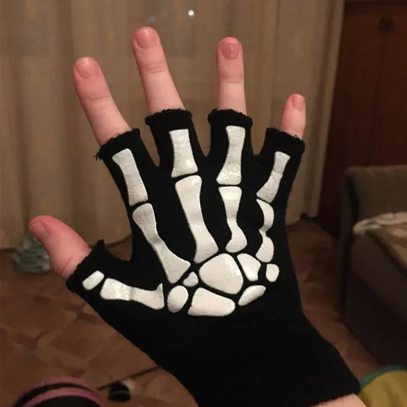 Noi mănuși punk unisex Halloween cu schelet craniu Mănuși cu jumătate de deget care strălucesc în întuneric Mănuși de iarnă tricotate fără degete stretch