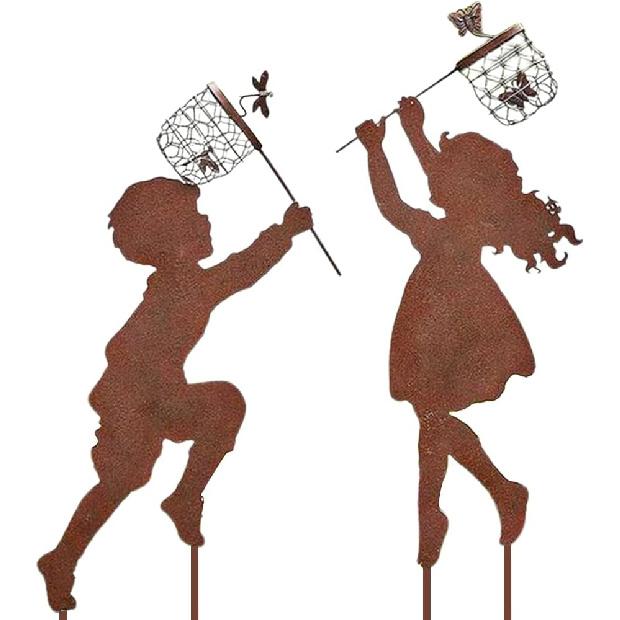 Vintage Metal Garden Silhouette Sculpture - 1 Pair Boy Girl Catching Butterfly Decorative Stakes, Outdoor Decor, Yard Art Stakes for Spring