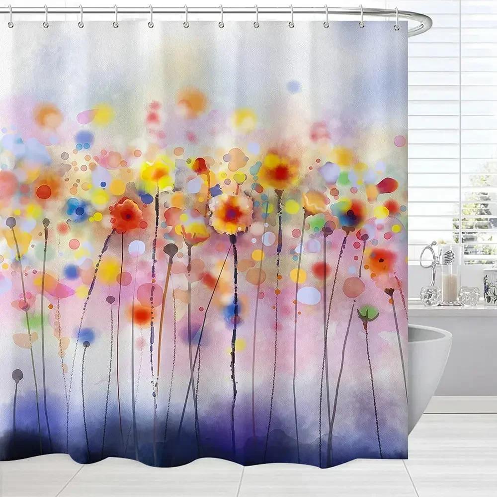 Flower Shower Curtain Girls Bathroom Watercolor Colorful Blurry Floral Pink Yellow Abstract Bathroom Accessoreis with Hooks Set