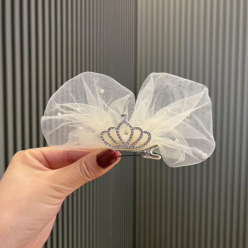 Summer Crown Bow Hair Clip for Kids – Cute Princess Mesh Pearl Hairpin