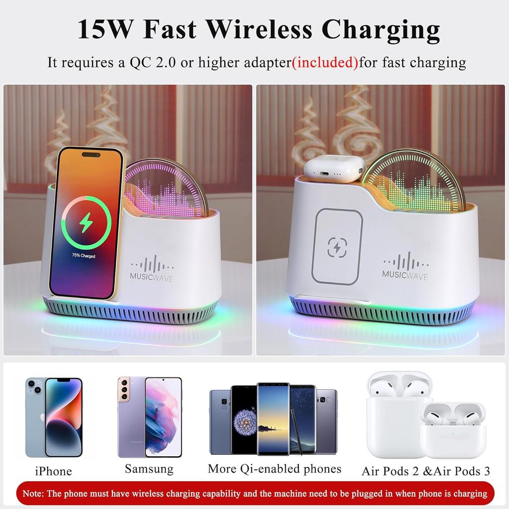 Night Light Bluetooth Speaker with Lights, 15W Wireless Charger Stand Phone Holder,Rechargeable LED Music Lamp Touch Control Color Changing Lights,