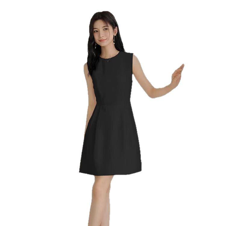 Pure Color Sleeveless A-Line Dress - High-End, Slim Waist, Round Neck Vest Style