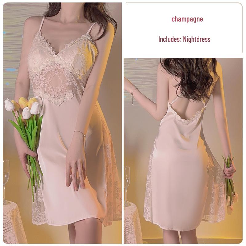 Satin Backless Lace Nightgown with Padded Deep V & Tie-Waist Robe Set