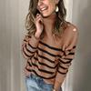 Fashion Women Stripes Buttons High-necked Long Sleeves Tops Pullover Sweater