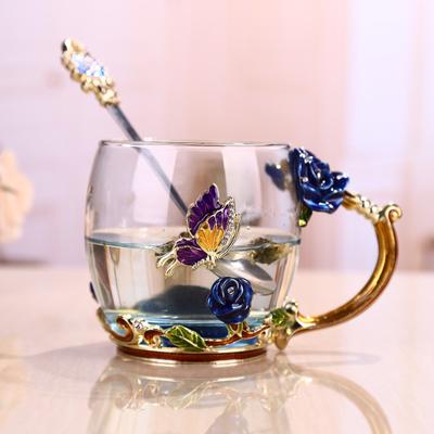 Blue Rose Enamel Crystal Tea Cup Coffee Cup Mug Butterfly Flower Water Cup With Spoon Drinkware Glass Cup Lover Wedding