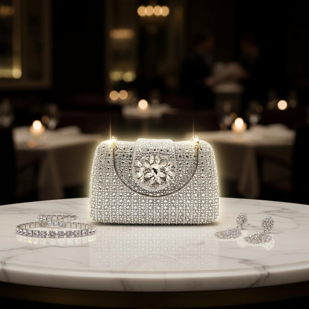2026 High Stand Rhinestone Clutch Bag Diamond-Embellished Plaid Pattern Fully Embellished Magnetic Clasp New Women's Evening Bag