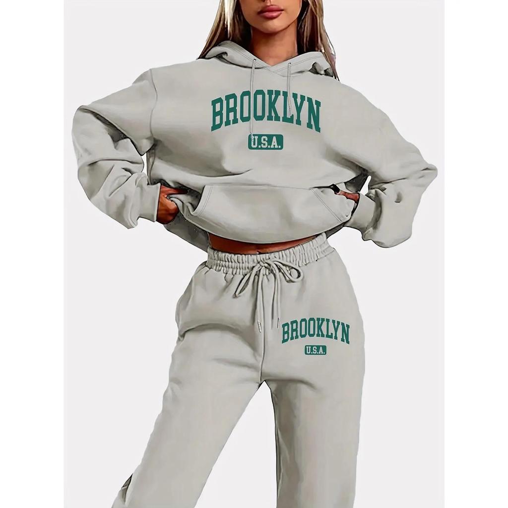 European & American Women's Plus Size Casual Hooded Sweatshirt Set with Trendy Print