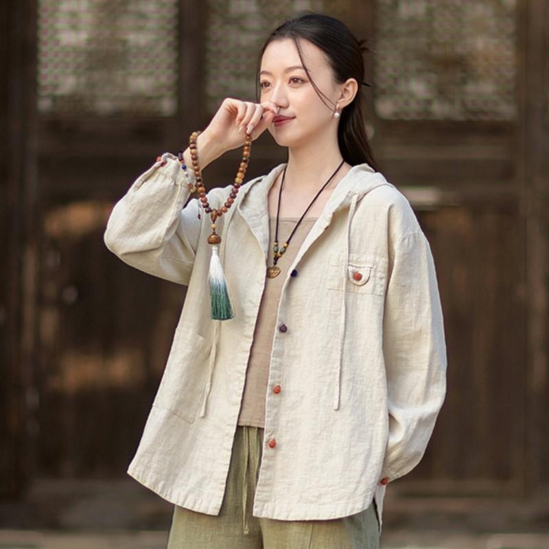 Johnature Women Vintage Shirts Tops Hooded Spring Chinese Style Solid Color Blouses Button Shirts