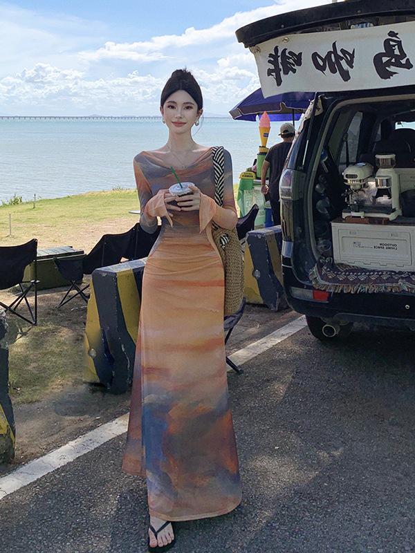 

Women s Sunset Tie-Dye Cowl Neck Mesh Slim Dress Small