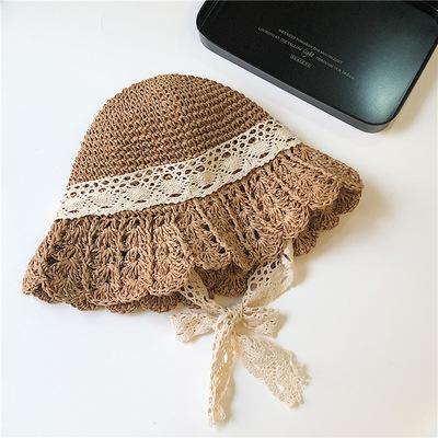 Cappello a secchiello estivo da donna all'uncinetto in paglia - Design traforato con lacci, Cappello da sole pieghevole con protezione UV per la spiaggia e la moda all'aperto