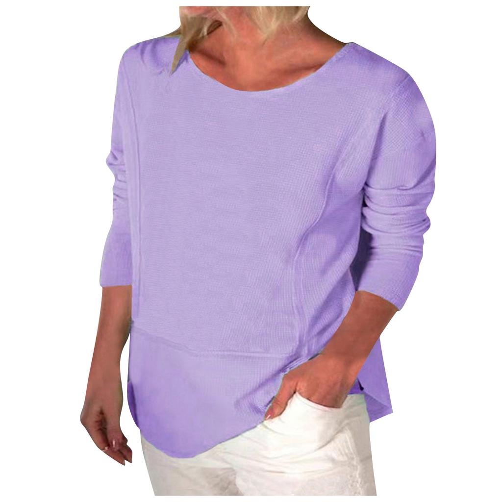 Fashion Women's Casual Solid Color Round Neck Long Sleeve Loose T Shirt Tops
