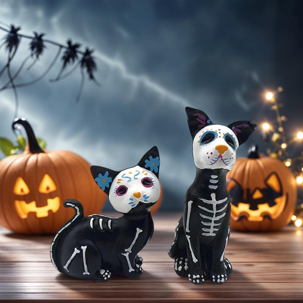Halloween Resin Cat Dog Figurine Cute Sugar Skull Animal Decors For Desk Shelf Window Display Party Decoration Gift