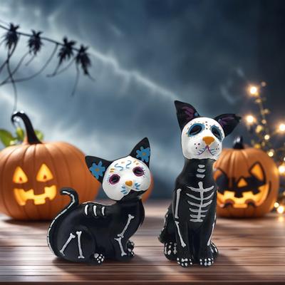 Halloween Resin Cat Dog Figurine Cute Sugar Skull Animal Decors For Desk Shelf Window Display Party Decoration Gift