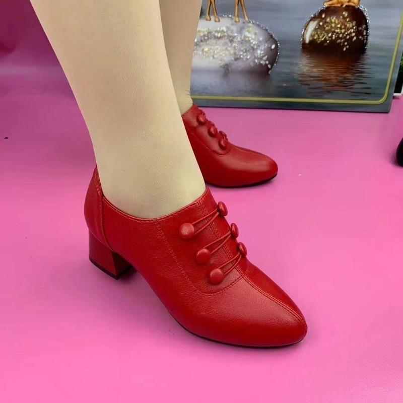 New autumn women's shoes leather soft leather soft sole thick heel medium heel versatile deep mouth single shoes women
