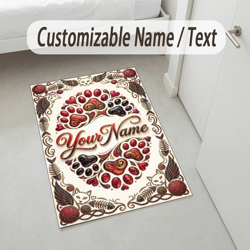Cat Theme Crystal Velvet Rug Personalized Custom Name Text Soft Floor Mat Home Decor