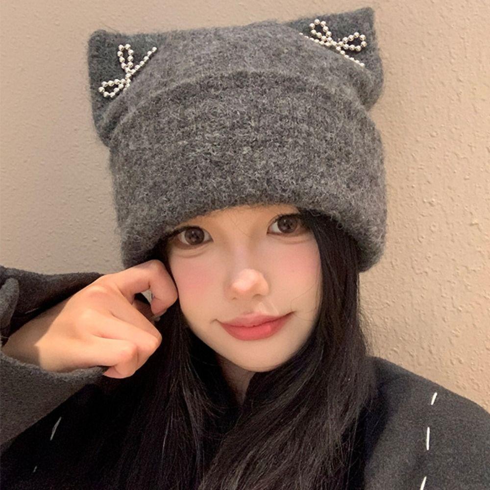 Bow Knitted Pullover Hat Fluffy Winter Wool Hat Harajuku Cat Ears Beanie Hat  Outdoor
