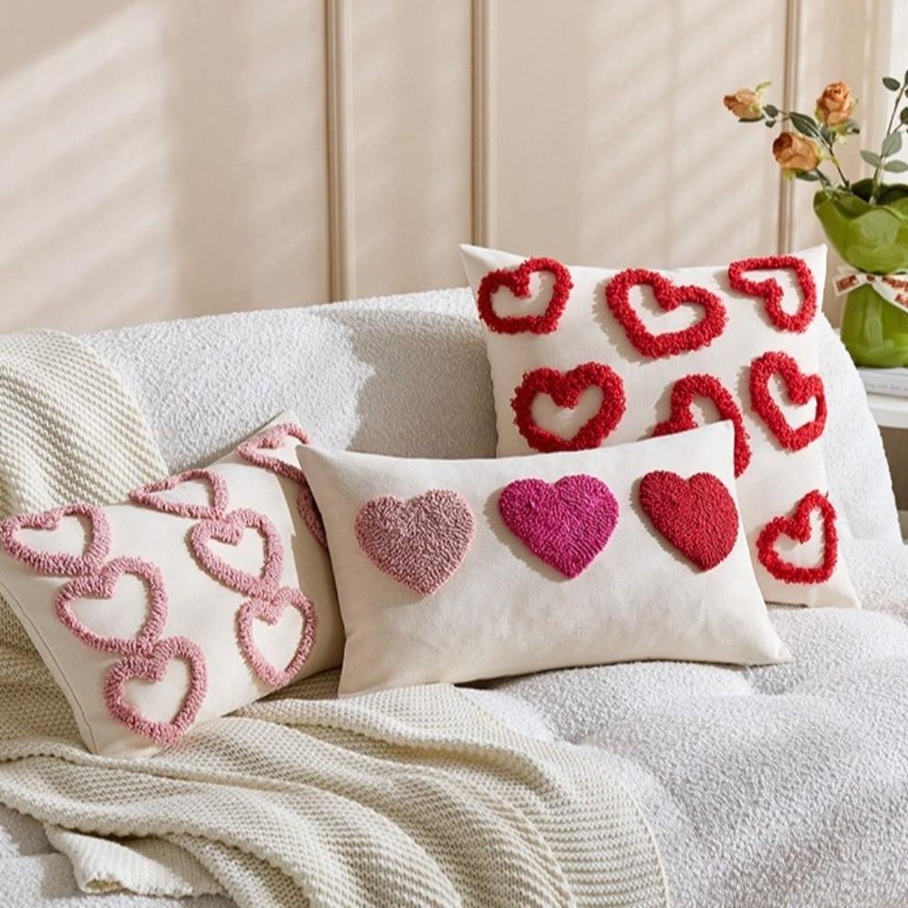 Romantic Valentine Heart Pattern Pillowcase Velvet Hidden Zipper Tufted Cushion Case Minimalist Embroidery Throw Pillow Cover