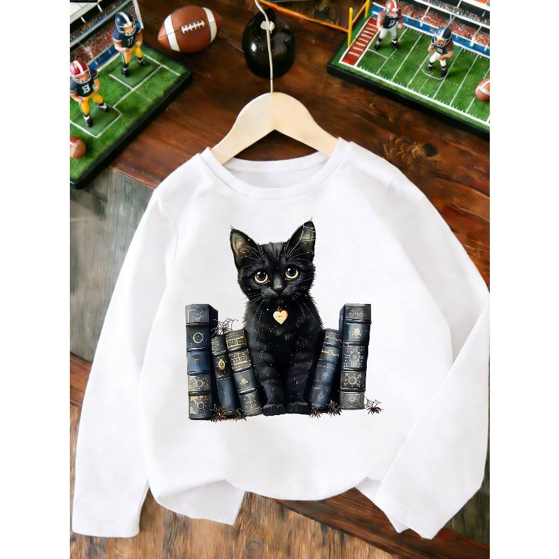 European sizes Kids' Fashion Print Black Cat and Book Print Long-Sleeve, Stylish Print, Versatile for Daily Wear, Outdoor Top