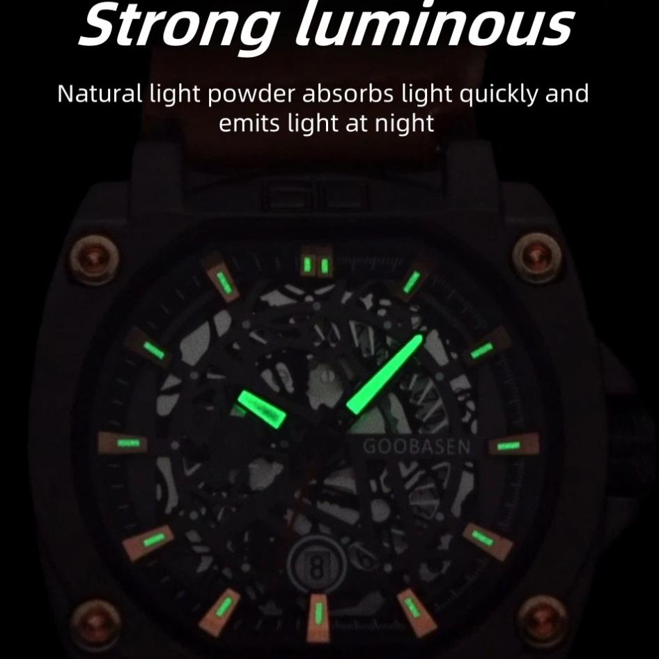 Fashion Sports Luminous Shaped Watch For Men Quartz Wristwatches Waterproof Skeleton Dial Leather Watches