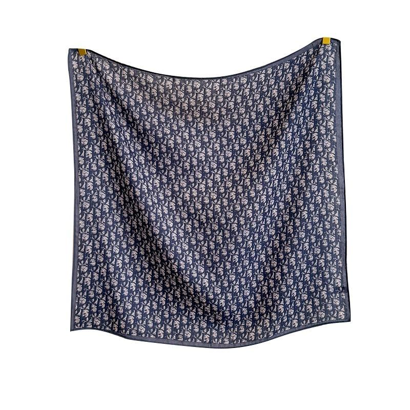 Summer thin silk scarf 71 medium square scarf blue letter high-end imitation silk wool scarf spring autumn and winter cotton and linen scarf women
