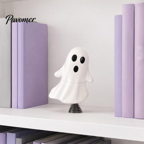 Portable Decorative Figurine Cute Ghost Night Light with Spring Base, USB Powered Mini Spooky Halloween Dynamic Ornament Tree Topper LED for