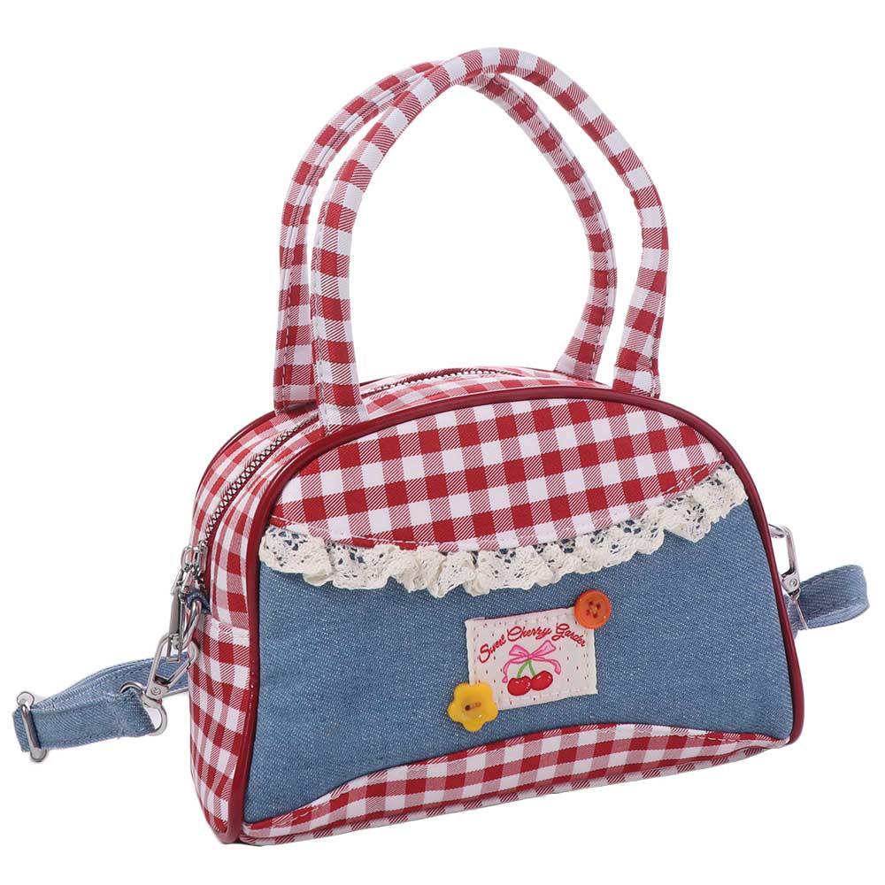 Leisure Lattice Bowling Bag Rural Style Sweet Crossbody Bag Portable Denim Plaid Handbag  Travel