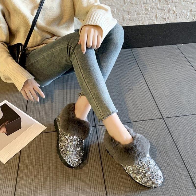 Winter Round Toe Flat Sequins Fleece-lined Woman Shoes Padded Y2k Work Furry Trend 2025 Designer Luxury Hot Snow Boots for Women