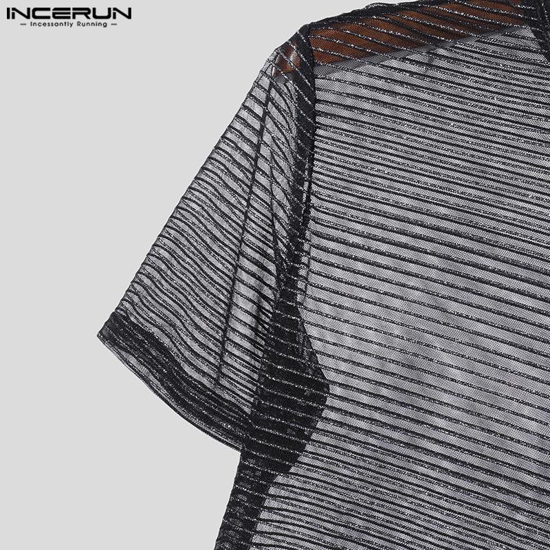 INCERUN Herren Rollkragen Langarm Glitzer Mesh Durchsichtiges T-Shirt See Through Tops