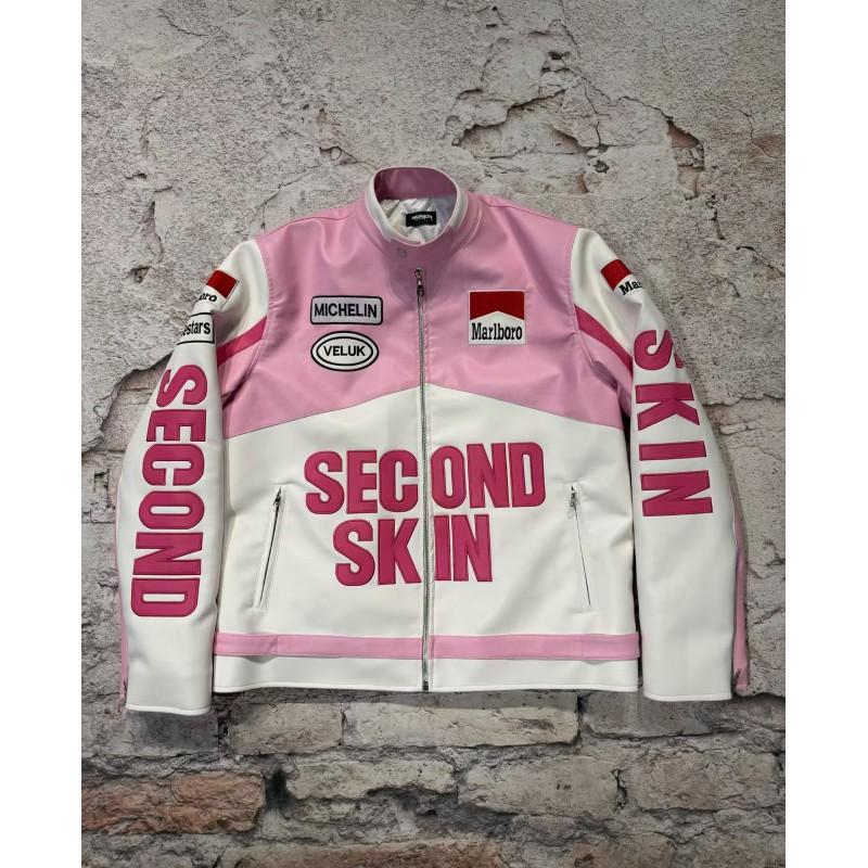Vintage Pink PU Leather Biker Jacket