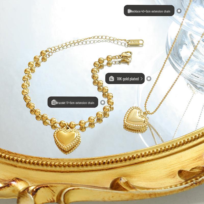 Trendy European & American Couples Peach Heart Necklace & Bracelet Set, Titanium Steel, 18K Gold Plated, Round Bead Chain.