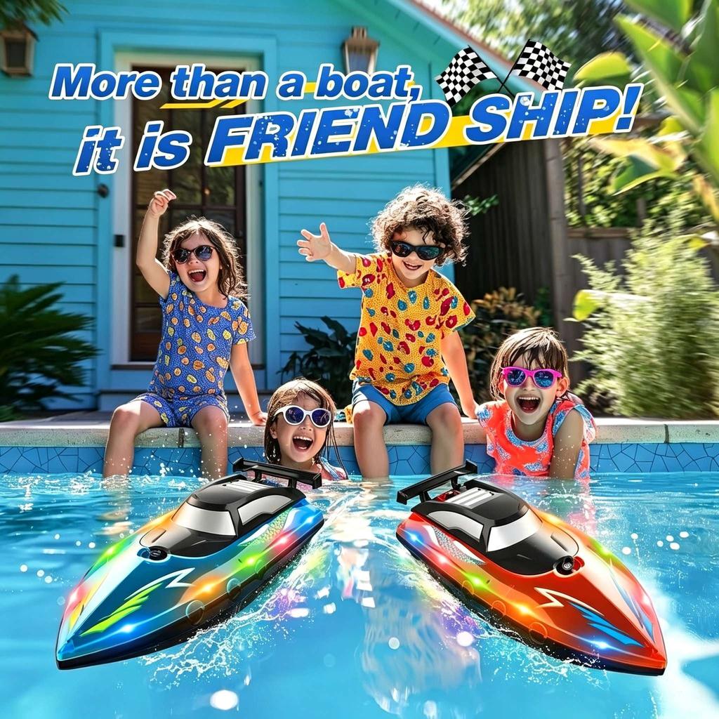 RC Boat 2.4GHz High Speed Remote Control Boat with LED Lights, Waterproof Dual Motor Speedboat for Kids Adults Pool Lake Toys