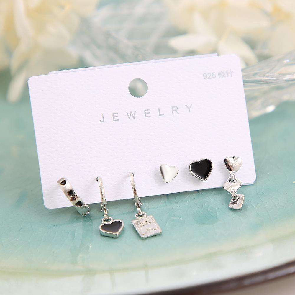 6PCS Black Heart Earrings Set for Women Simple Temperament Ladies Hoop Earrings Holiday Jewelry Gifts