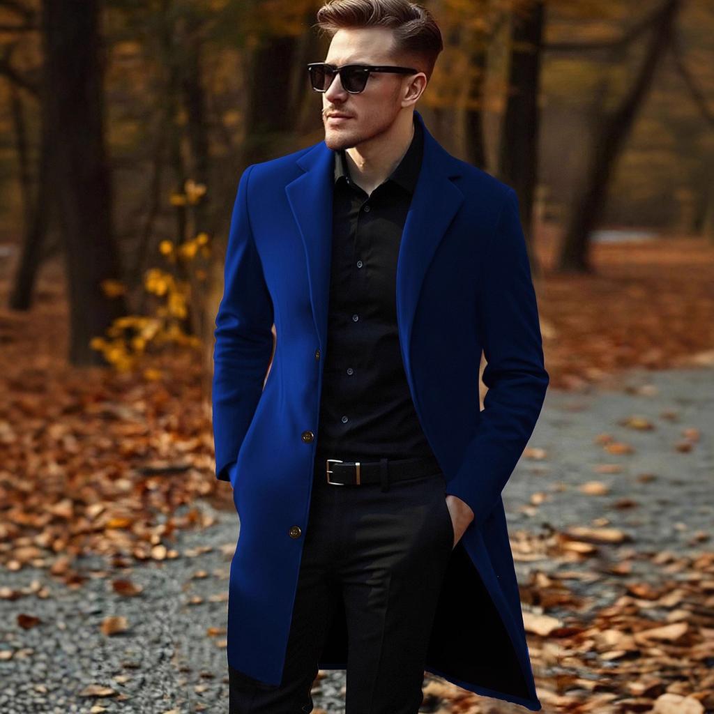 Men's Mid-Length Woolen Coat, Lightweight Color Winter Overcoat Jacket for Fall and Winter