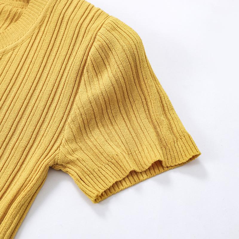 Camiseta de verano para mujer, Jersey de punto de manga corta, Camiseta de punto, Top ajustado con cuello redondo