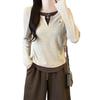 Women's 2025 Autumn Patchwork Pleated Waist Two-Piece Look Long-Sleeve Slimming Top