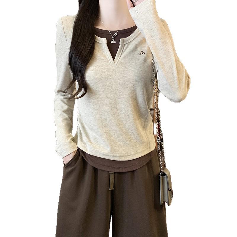 Women's 2025 Autumn Patchwork Pleated Waist Two-Piece Look Long-Sleeve Slimming Top