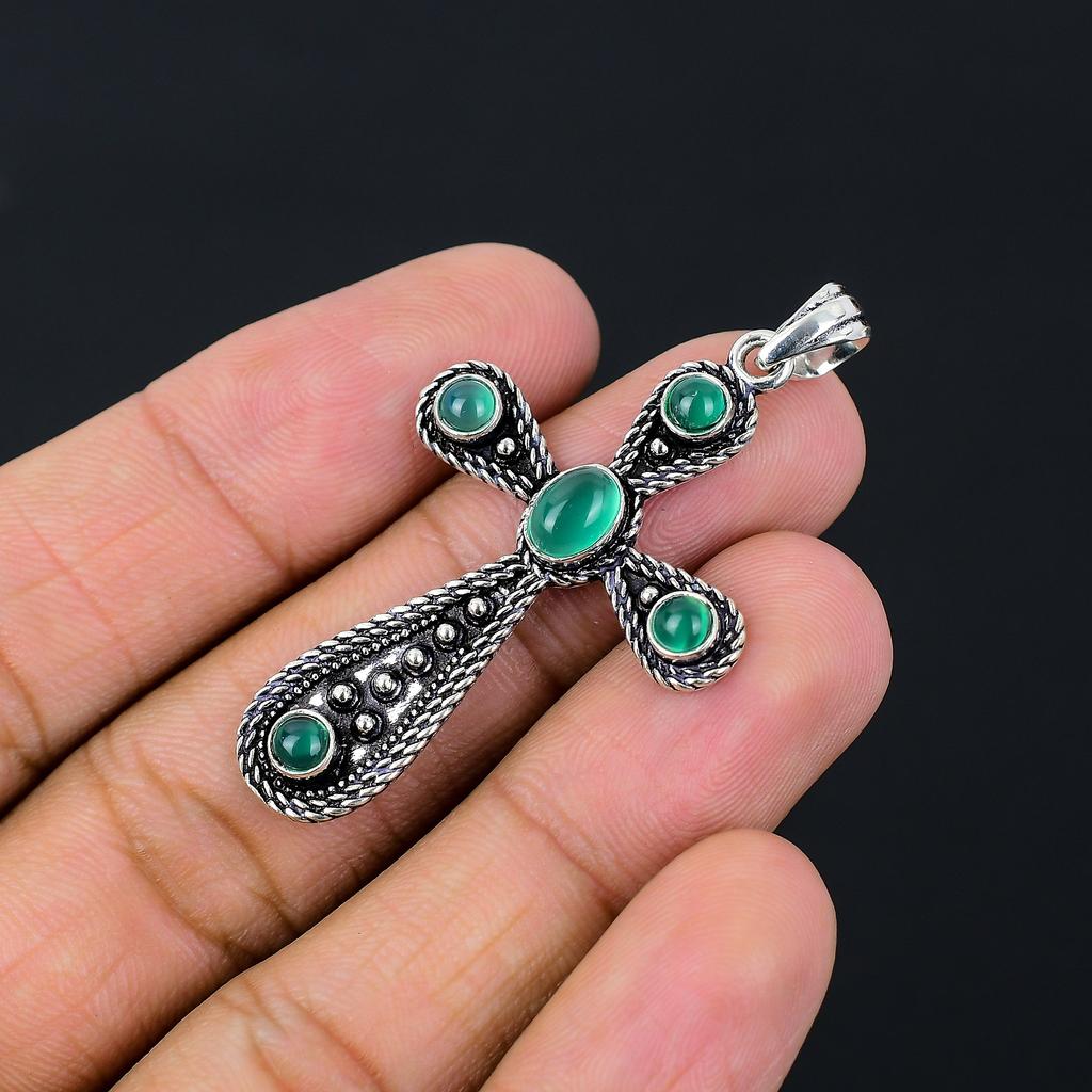 Green Onyx Gemstone Handmade 925 Sterling Silver Gift Cross Pendant 2.10" g2d66